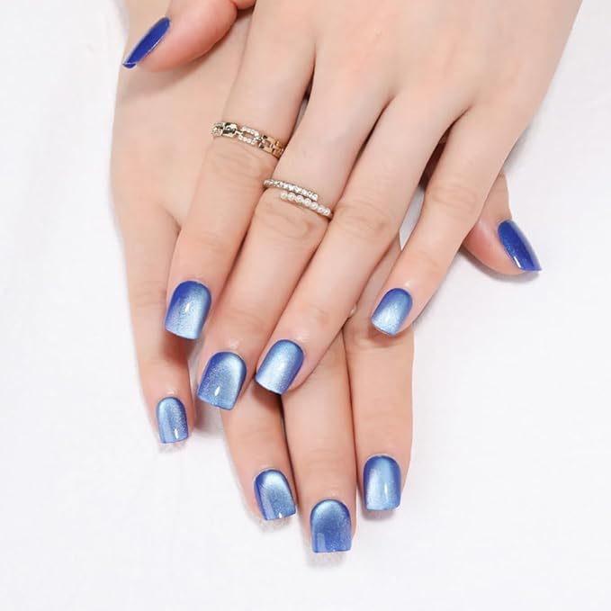 Blue Press on Nails Short Square, Cat Eye Press on Nails, Fashion Gel Fake Nails, Reusable Acrylic Fake Nails, Glossy Stick on Nails for Women Girls Gift, Glue on Nails Kit, Ice Blue, 30Pcs
