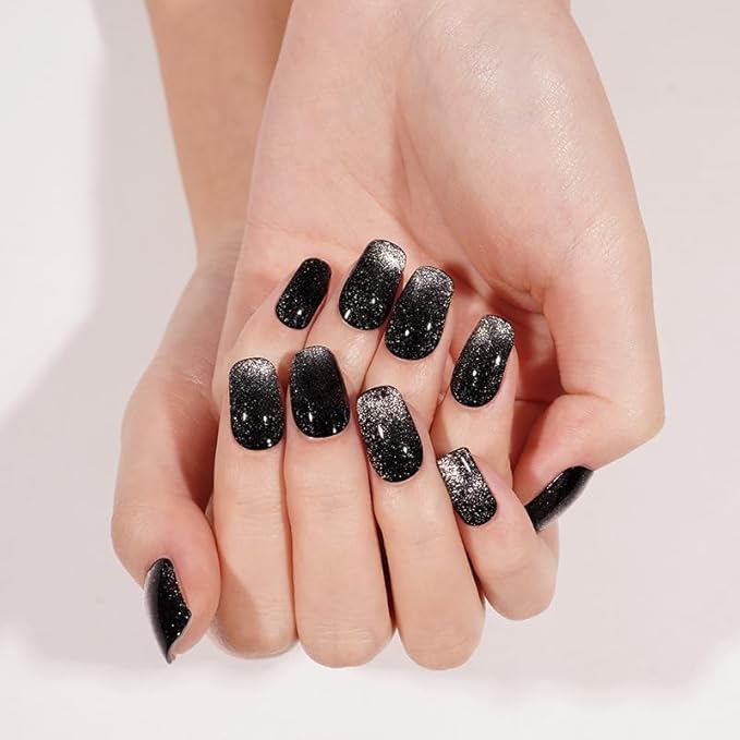 Semi-Cured Gel Nail Strips - 20 Salon-Quality Gel Sticker with UV Light Required, Long Lasting, Easy Application & Removal, Includes Prep Pad, Nail File, Wooden Stick – Black Diamond