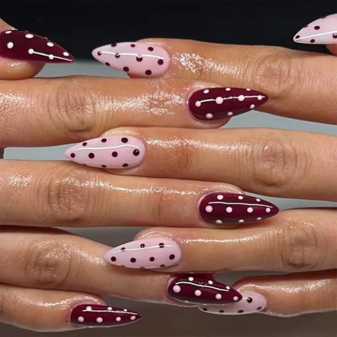 6 Packs (144 Pcs) Press on Nails Medium Almond Fake Nails with Designs Polka Dot Glue on Nails Cute False Nails Full Cover Glossy Acrylic Stick on Nail for Women Girls Manicure