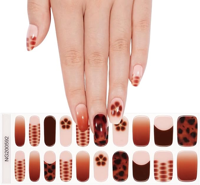 Semi Cured Gel Nail Strips 20 Pcs Brown Flower French Gel Nail Wraps, Stickers, UV Light Required Nail Art Design Decoration Accessories