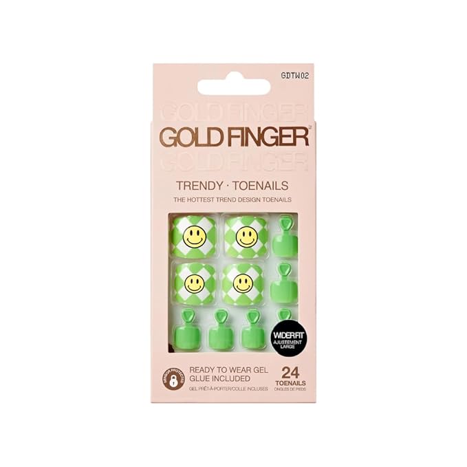 GoldFinger Trendy Press On Fake Toenail Kit Wider Fit, Smile Face Graffiti Print & Green Color, Ready to Wear Gel & Manicure Stick, Mini Glue included, Long-Lasting Convenient & Easy to Apply