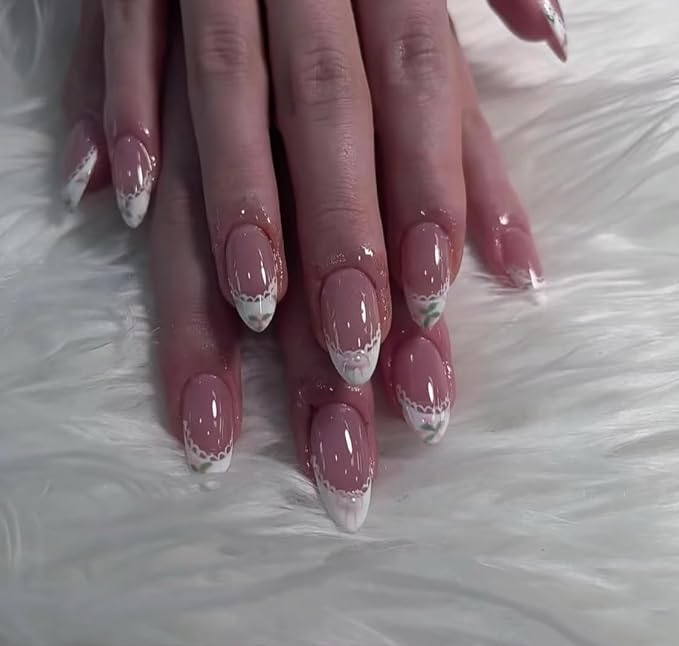 CurvLife Soft Gel Alomond Press On Nails Medium, Long-Lasting Reusable Fake Nails Kit with Glue & Tabs, 30pcs Salon-Quality Stick On Nails for Women At-Home Manicure (Lace Bloom)