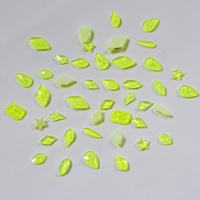 820pcs Glitter Neon Yellow Crystals Glue Fix Mix Multi Shapes 3D Nail Gem Stones Charms Bulk Round Diamond 7 Sizes Assorted for Acrylic Nails Supply