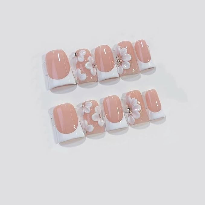 Handmade Nails Duckbill Euro American Style Nude Pink French White 3D Cute Flower Diamond Accents Gentle Sweet Skin Brightening Glossy Surface Fashion Manicure Press on Nails 10 pcs (M)