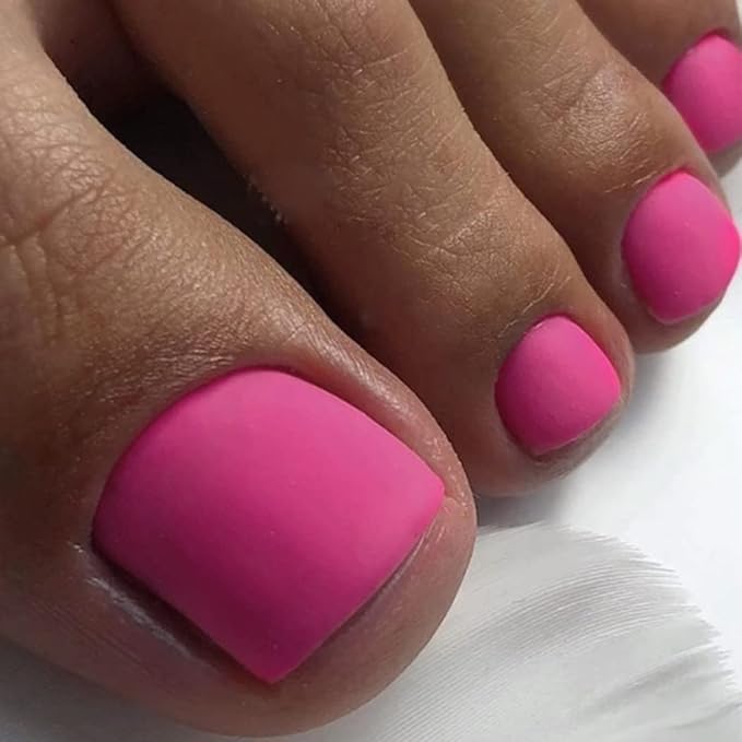 Hot Pink Press on Toenails Matte Short Fake Toe Nails Acrylic False Toesnail Square Cute Pressons Toenail Artificial Beach Full Cover Feet Nail for Women 24 Pcs (Hot Pink)