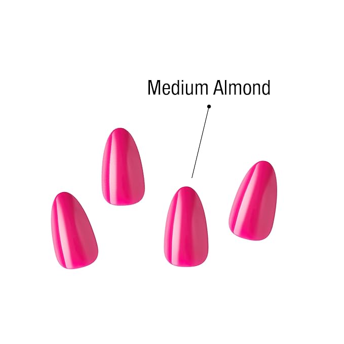 GoldFinger 24 Pcs Press On Nails, Medium Almond Fake Nails, Hot Pink Gel Stick On Extensions, Reusable DIY Full Cover False Nail Kit with Glue, Manicure Stick & File, 7 Day Durable & Long Lasting Wear