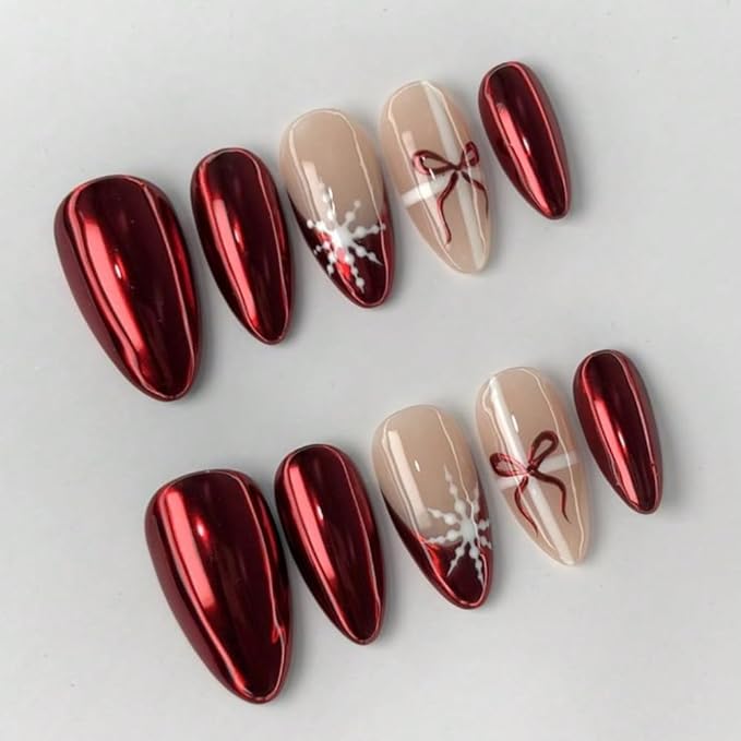 Christmas Press On Nails MAGLFELL Medium Length Almond Shape False Nails, Handmade Acrylic Gel Fake Nails with Art Designs, Reusable 10 Pcs 3D Nails for Women DIY Manicure Kit（Size L)