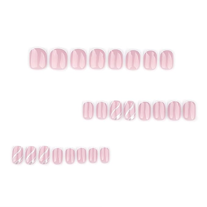 White French Tip Press on Nails Short Square Silver Lines Fake Nails Pink Stick on Nails Reusable Glossy Acrylic False Nails Press ons Artificial Glue on Nails for Women 24 Pcs