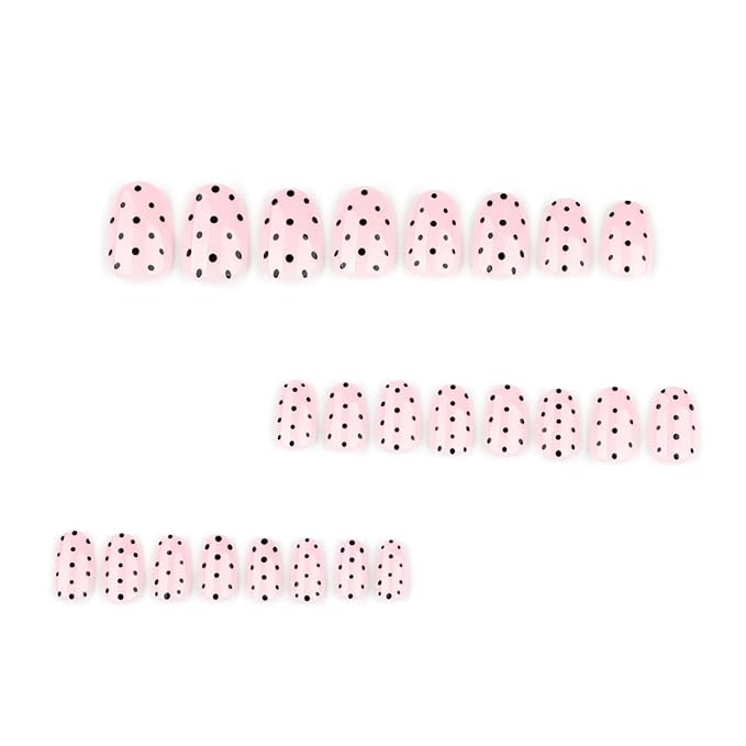 Polka Dot Press on Nails Medium Oval Fake Nails Light Pink False Nails Press ons with Black Dots Design,Reusable Artificial Nail,Full Cover Glossy Glue on Nail Stick on Nails for Women Manicure 24Pcs