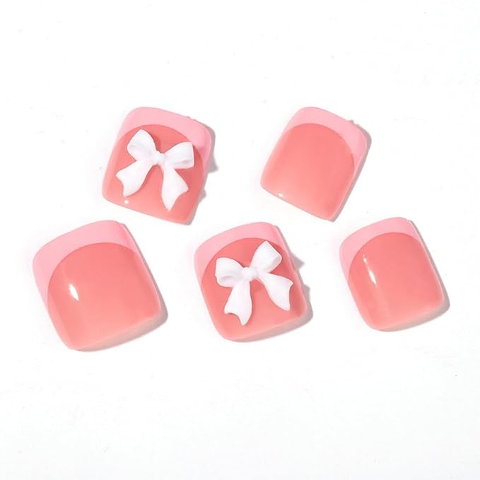 Pink French Tip Press On Toenails Short Square Fake Toes with 3D Bow Charms Design Rhinestone Glue on Toe Nails Shiny Bling Summer False Toenails Reusable for Women Girls Foot Manicure 24pcs