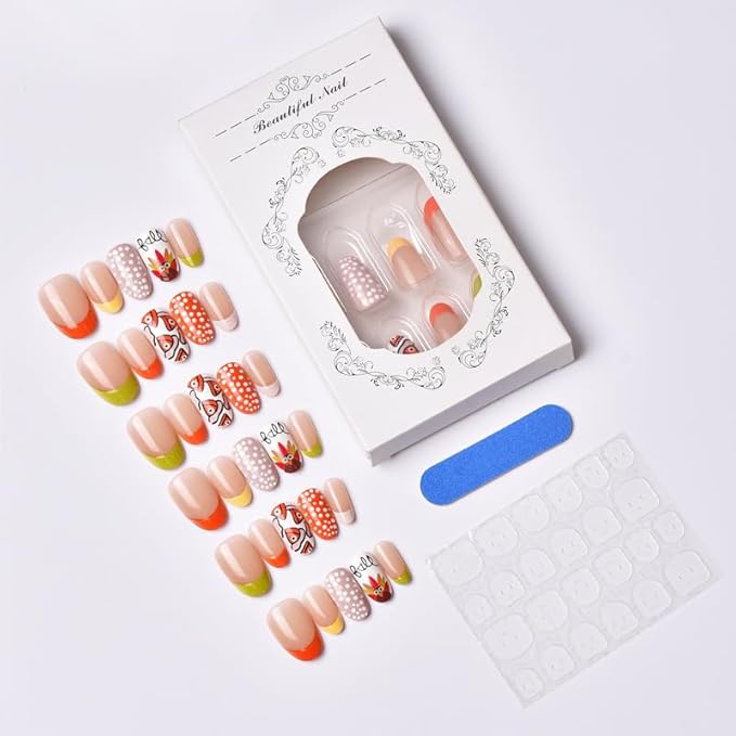 Thanksgiving Short Square Press on Nails Fall Theme Fake Nails Colorful Cartoon Polka Dot Stick on Nail
