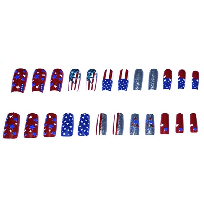 Independence Day Press on Nails Medium Square Fake Nails with Sliver Glitter Designs 3D Star Red Whiter Stripe False Nails Full Cover Glossy Stick on Nails Independence Glue on Nails 24Pcs