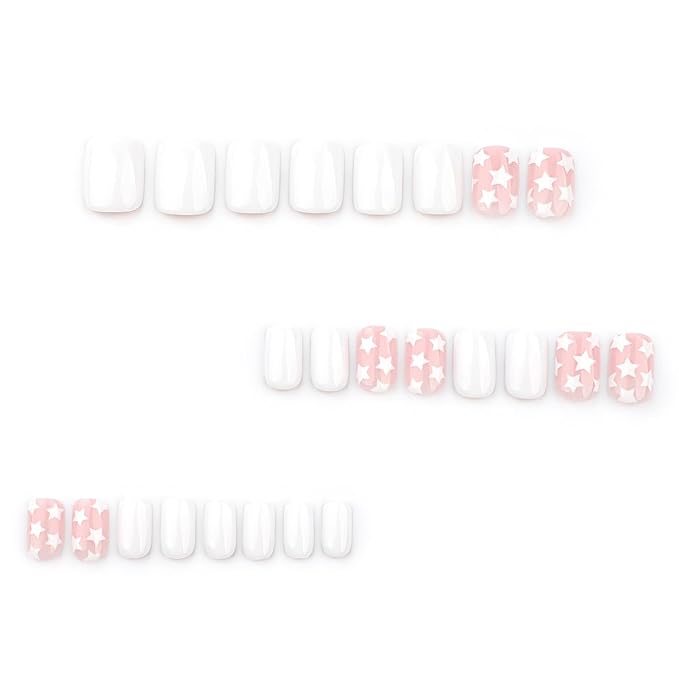 Press on Nails Short Square MABKJLF White Fake Nails False Nails with White Stars Designs Full Cover Glossy Glue on Nails Cute Stick on Nails for Women Girls 24 Pcs