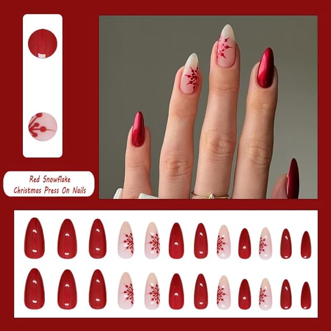24pcs Pearlescent Red Medium Almond Press On Nails with Snowflakes for Themed Costumes, Reusable Nail Kit with Nail Adhesive Tabs Mini Nail File, 12 Sizes (Pearlescent Red)