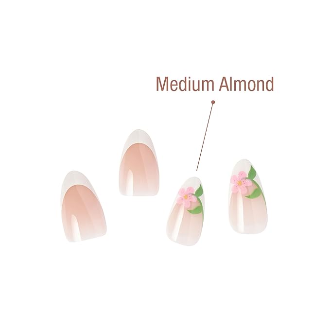GoldFinger 24 Pcs Press On Nails, Medium Almond Fake Nails, Flower French Tip Gel Stick On Extensions, Reusable Full Cover False Nail Kit with Glue, Manicure Stick & File, 7 Day Long Lasting Wear