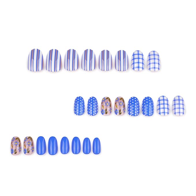 Blue Press on Nails Short Oval Fake Nails Spring Summer Nails Press ons with Blue Gingham,Polka Dot Design,Reusable Artificial Nails Full Cover Stick on Nails for Women Manicure 24Pcs