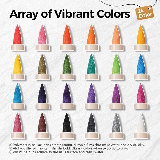 24 Colors Nail Art Pens Set, Professional Nail Polish Markers with Fine Tip & Dotting Brush, MarkerPen Quick-Drying 3D Acrylic Paint for DIY Nail Art Design, Home and Salon Manicure Tools