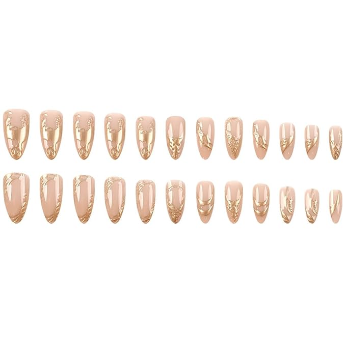 Almond Press on Nails Gold Stripes Fake Nails Medium False Nails Glossy Nude Acrylic Nails Golden Metal Chrome Glue on Nail Full Cover Stick on Nail for Women Girls Manicure 24Pcs