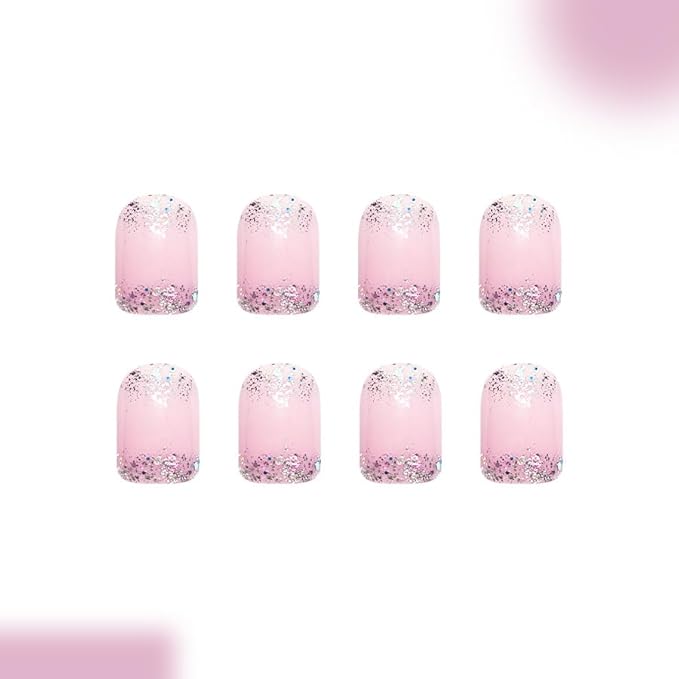 Nude Pink Glitter French Press on Nails Short Square Fake Nails Glitter Gradient False Nails Full Cover Nude Sparkly French Glossy Acrylic Nails for Women and Girls DIY Manicure Decoration 24Pcs