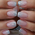 Glitter French Press on Nails Short Square Fake Nails Nude Designs False Nails Shiny French Full Cover Glossy Reusable Acrylic Stick on Nails for Women Girls Light Luxury Manicure Decoration 24Pcs