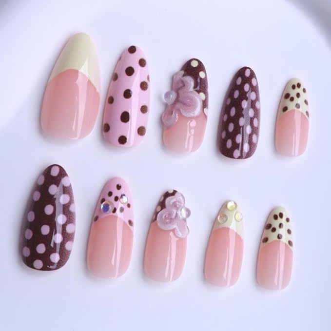 Polka Dot Press on Nails Flower Fake Nails Medium Almond False Nails Press ons Brown Pink Glue on Nails Acrylic Artificial Cute Stick on Nail for Women Nail Manicure 24Pcs