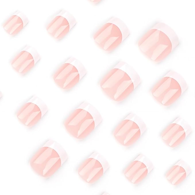White French Tip Press on Nails Short Square Fake Nails Nude Pink Glossy Design Cute False Nails Stick on Nails Full Cover Acrylic False Nails for Women Girls DIY Manicure Decoration 24pcs