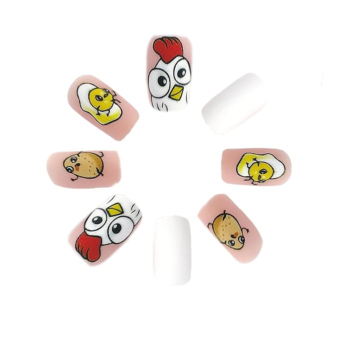 24 Pcs Easter Press on Nails Short Square Fake Nails Cartoon Yellow Cute Chick Designs Easter Matte False Nails Full Cover Stick on Nails for Women Girls Easter Spring Party Nails Art Decorations