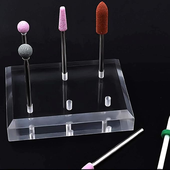 1Pc Rectangle Acrylic Nail Drill Bit Holder Stand Case Display Organizer 6 Holes Drill Bit Holder Manicure Tools for Home Use or Profession Nail Salon Use, Clear