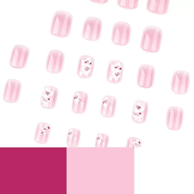 Short Square Press on Nails - Ombre Pink Fake Nails with Flower Design - Spring False Nails Press ons - for Women Manicure 24 Pcs