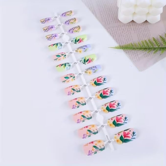 Square Press on Nails Purple Flower Nails Press ons Medium Floral Leaf False Nails Spring Glue on Nail Glossy Full Cover Stick on Nail Reusable Acrylic Fake Nails for Women Girls 24Pcs