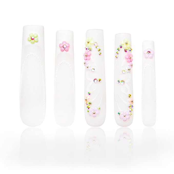 LOVFUL Press on Nails Rococo | Handmade with Full Covered Crystals | Reusable Fake Nails | Square | H94-S, pink