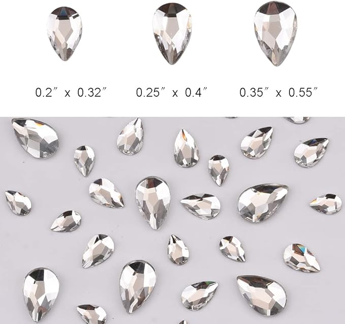 100pcs 3 Size Big and Small Pear Shape Crystal Clear Flatback Foiled Gem Rhinestones for Nail Technician Crafts Clothes DIY Decoration Accessories