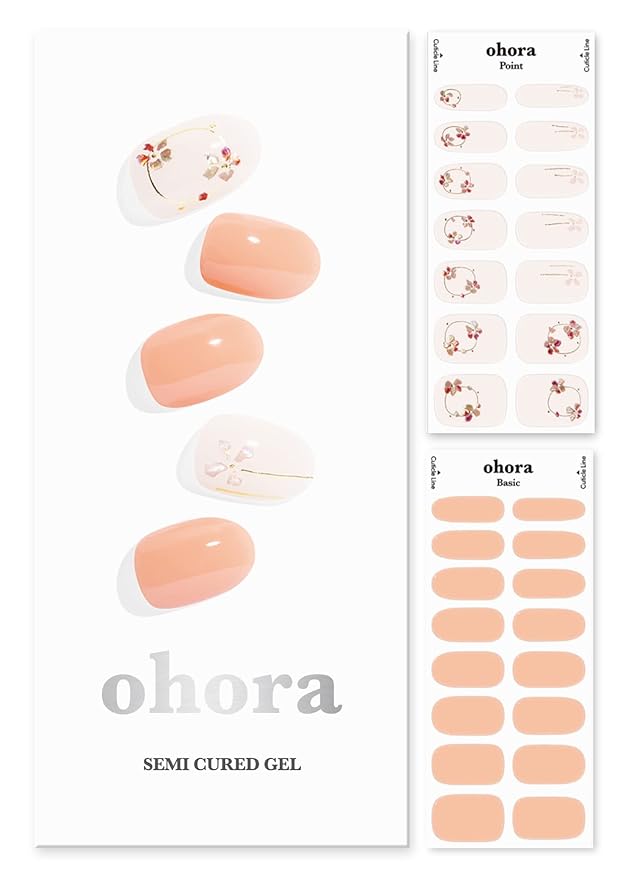 ohora Semi Cured Gel Nail Strips (N Delicate) - White, Patterned, Works with Any UV/LED Lamps, Salon-Quality, Long Lasting, Easy to Apply & Remove - Includes 2 Prep Pads, Nail File & Wooden Stick