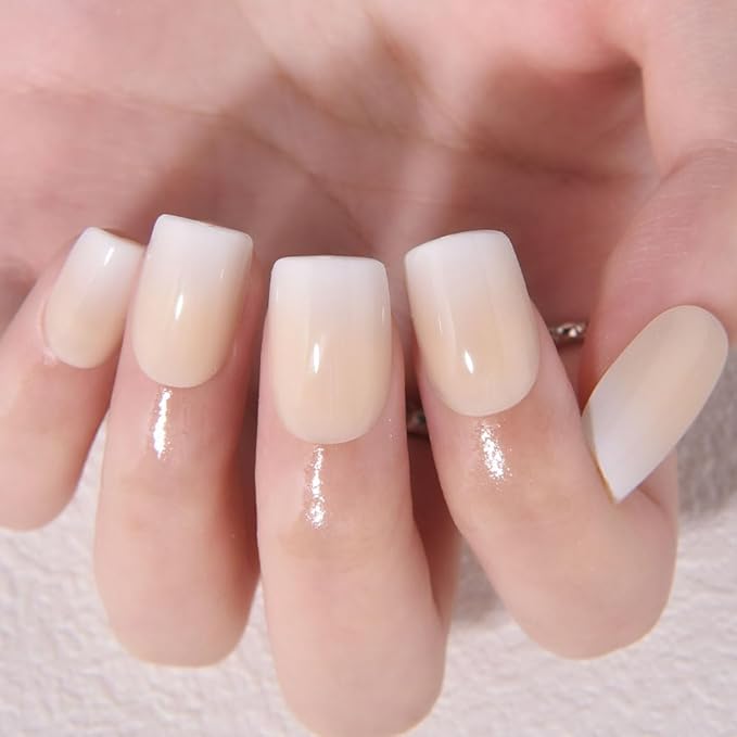 Khaki White Ombre Press on Nails, Short Square Acrylic Fake Nails Design, Natural Reusable Nails Kit for Women DIY False Nail Art Decoration Gift, Salon Quality Reusable 15/30 Pcs