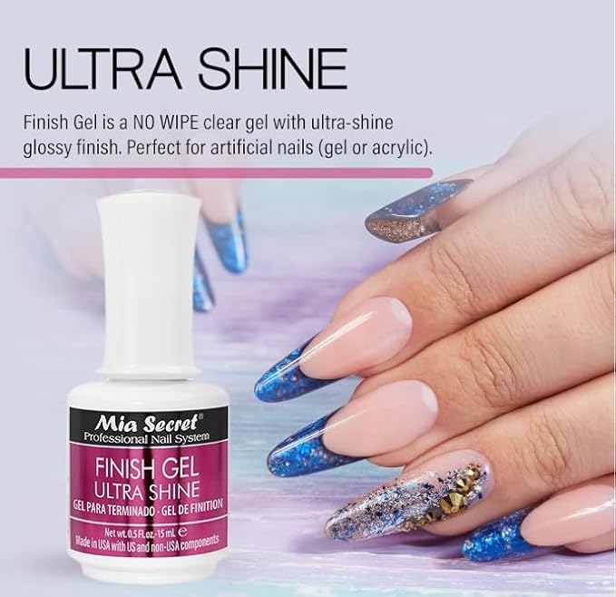 Mia Secret UV Finish gel top coat for gel or acrylic 15 ml - No wipe clear nail polish - High gloss top coat for artificial nails
