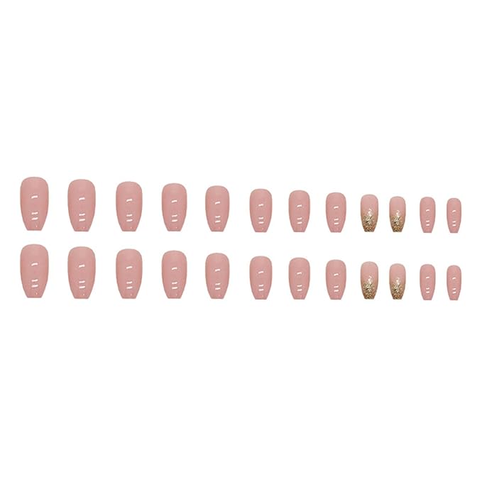 Coffin Press on Nails Medium Fake Nails with Design Gold Glitter Sequins Glossy Glue on Nails Pink Acrylic Full Cover Square False Nails Shiny Artificial Nail for Women Girls Manicure 24Pcs