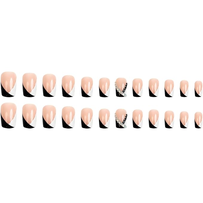French Tip Press on Nails Medium Square Fake Nails Black White Tip False Nails with Designs Rhinestone Stick on Nail Full Cover Glossy Acrylic Artificial Nail for Women Manicure 24Pcs
