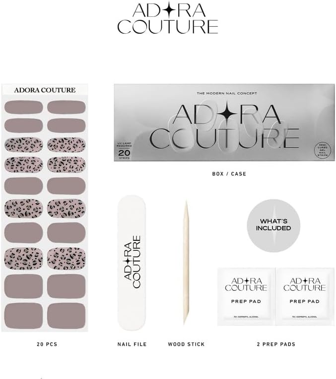 Semi-Cured Gel Nail Strips - 20 Salon-Quality Gel Sticker with UV Light Required, Long Lasting, Easy Application & Removal, Includes Prep Pad, Nail File, Wooden Stick (Brown Safari)