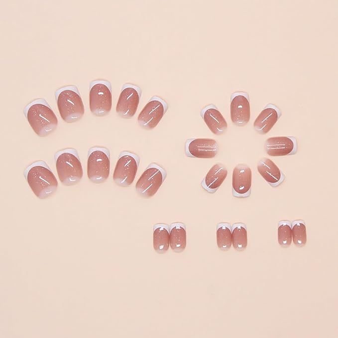 Press on Nails Short Square MABKJLF White French Tip Fake Nails False Nails with Designs Glitter Full Cover Glossy Glue on Nails Stick on Nails Acrylic Nails for Women Girls 24 Pcs