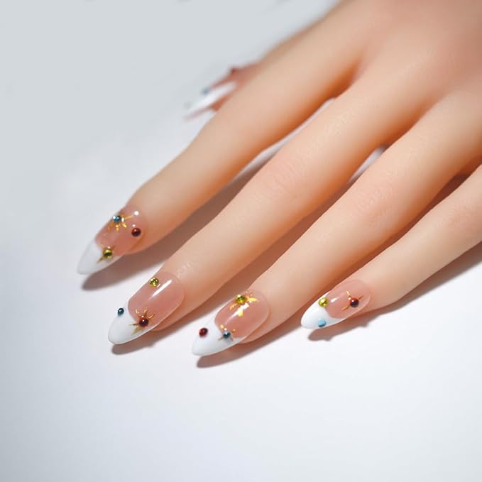 10Pcs Medium Almond Handmade Press On Nails | Nude Pink & White French Tip with Gold Starburst & Multicolor Rhinestone Decor | Reusable Salon-Quality Fake Nails for Women and Girls (L05, S)