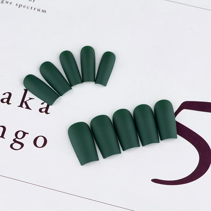 KQueenest Matte Dark Green Press on Nails Long Medium Square, Fake Nails Medium Coffin, Opaque Color Acrylic Nails Press ons, Reusable Soft Gel Glue on Nails for Women Fall Winter