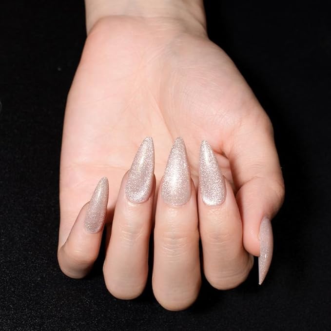 Press On Nails - Diamond Shine | Artsy Series | Beautiful White Silver Velvet Glitter Nails | Medium Long Almond Nails for All, 24 Pcs Reusable Nails