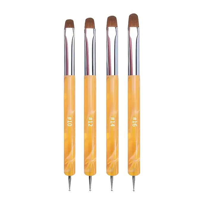 4Pcs French Tip Brush, Double-Ended French Brushes for Nails with Dotting Tool, Clean Up Brush for Gel Nail Polish, Size 10/12/14/16, Acrylic Nail Art Brushes, Manicure Tools for Nail Design-Yellow