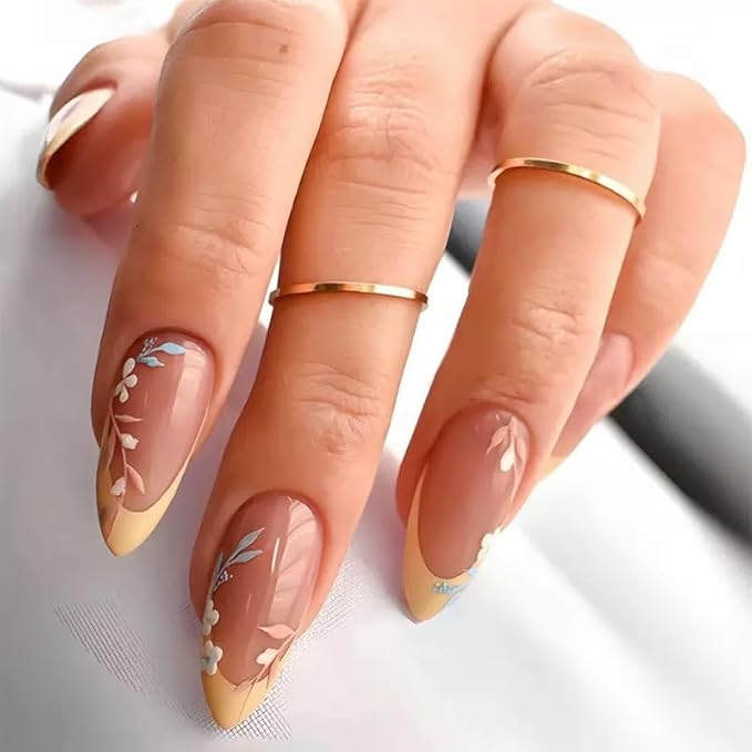 6 Packs (144 Pcs) Press on Nails Medium Almond Fake Nails French Tip False Nails with Designs Leaf Glue on Nail Full Cover Glossy Acrylic Stick on Nail for Women Manicure (Style-16)