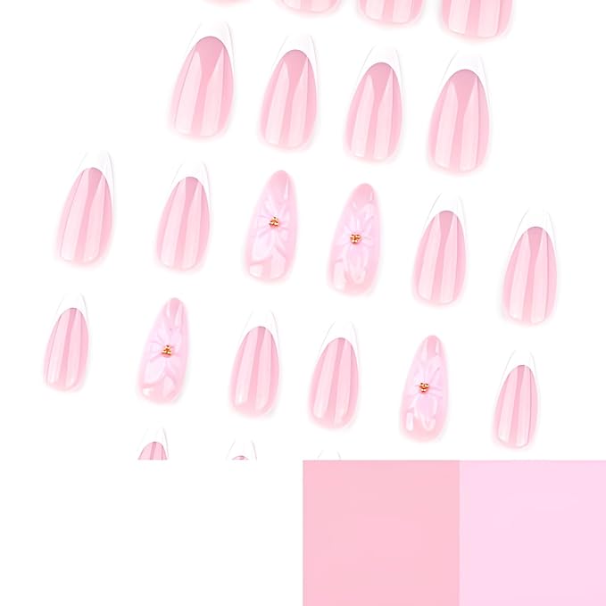 White French Tip Fake Nails Medium Almond Press on Nails 3D Flower Nails Press Ons with Rhinestones Design Glossy False Nails Glitter Glue on Nail Acrylic Stick on Nail for Women 24Pcs