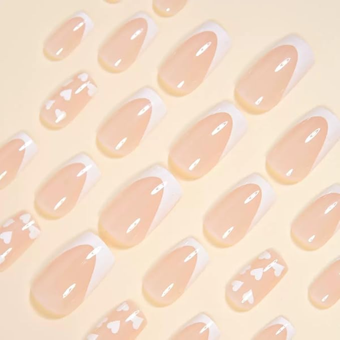 Medium Press on Nails Square - White French Tip False Nails with Heart Design - Glossy Full Cover Stick on Fake Nails for Women Manicure 24 Pcs