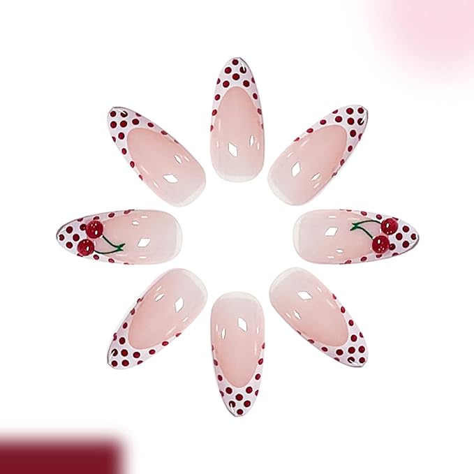 White French Tip Press on Nails Medium Almond MABKJLF Fake Nails False Nails with Red Polka Dots Cherry Designs Glossy Glue on Nail Full Cover Acrylic Nails for Women Girls 24Pcs