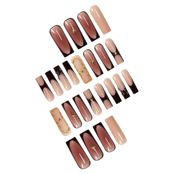 Long Square Press on Nails Fake Nails Artificial Nail Stick on Nail for Women Elegant Brown & Gold Design with Star & Clear Sparkle Accents for Women 24pcs