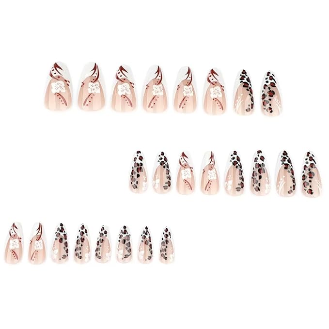 Fall Press on Nails Medium Almond Fake Nails with Leopard Print Design - Flower Full Cover Stick on French Tip False Nails for Women Manicure 24 Pcs