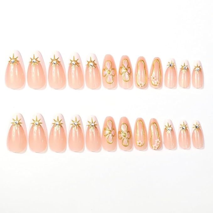Flower Press on Nails Medium Almond Fake Nails French Tip False Nails Spring Floral Glossy Full Cover Acrylic Glue on Nail Cute Artificial Stick on Nail for Women Manicure Decoration 24Pcs